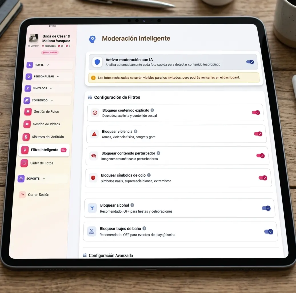 Panel de moderación inteligente de Postea.la mostrando los filtros de contenido activados