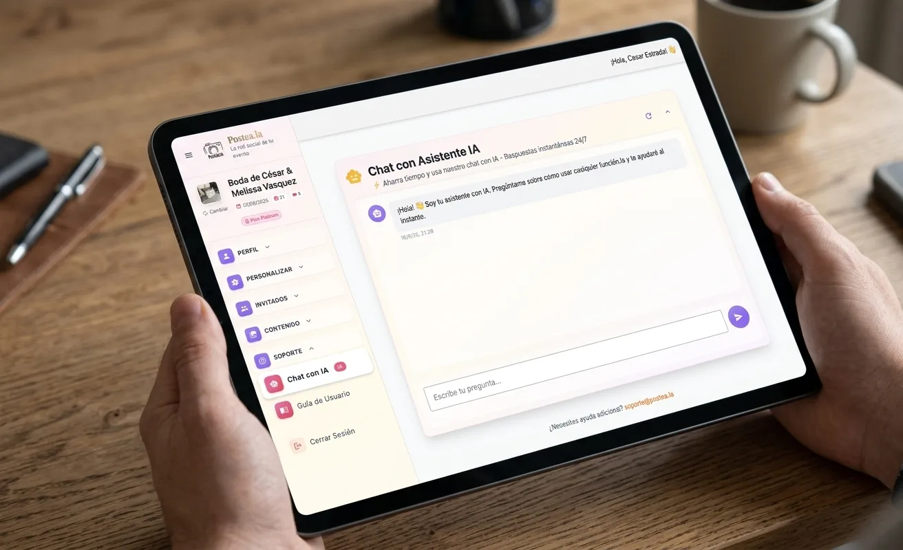 Chat con el asistente de IA de Postea.la respondiendo dudas sobre la aplicación en una tablet